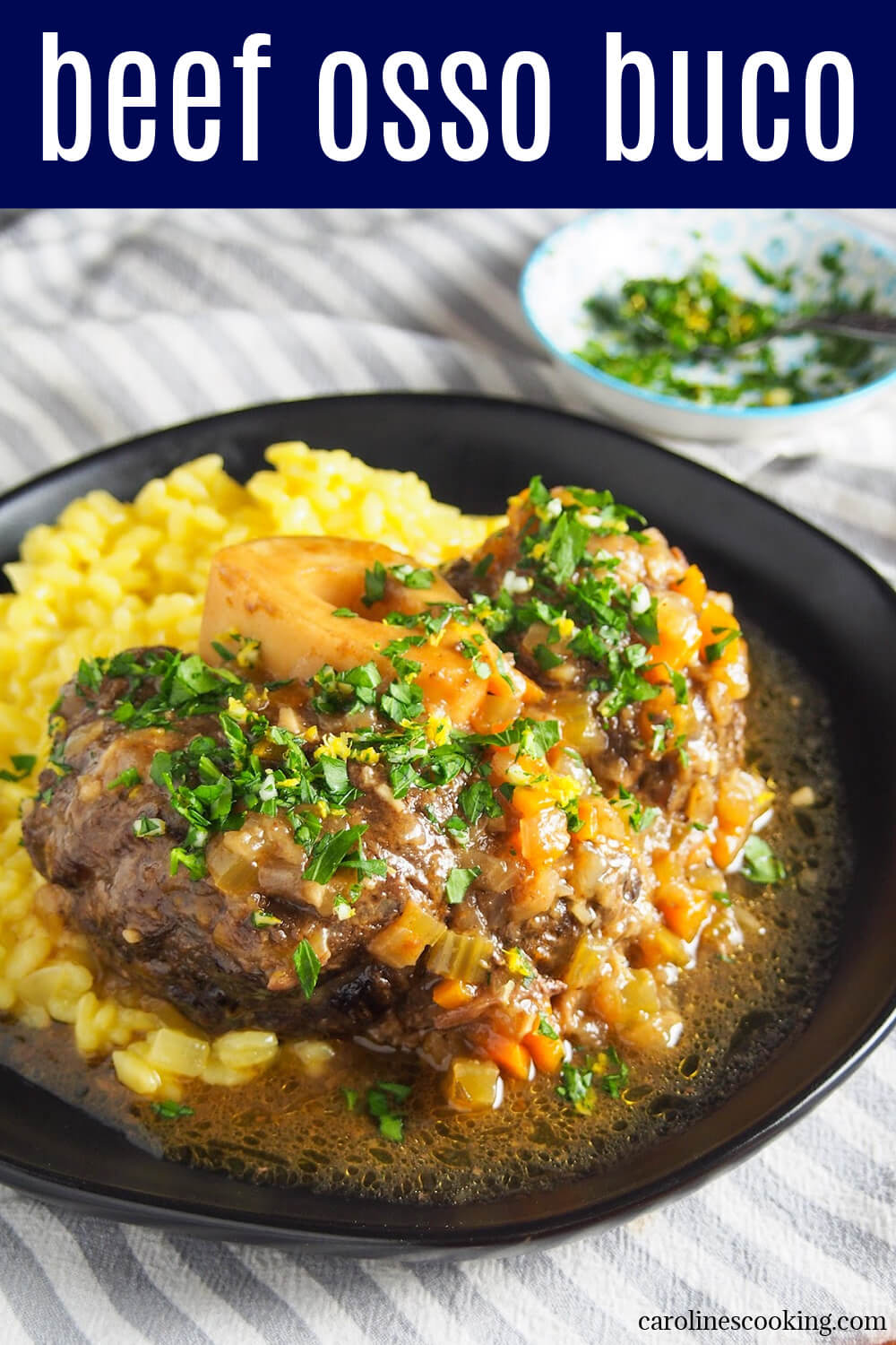 Osso buco is a traditional slow cooked Italian dish. Traditionally made with veal, this beef version has the same delicious meltingly tender meat and bright gremolata finish. Perfect comfort food. Osso buco is a traditional slow cooked Italian dish. You traditionally use veal shank but this beef osso buco is made in the same way with a cut you may find more easily. It has the same delicious meltingly tender meat and bright gremolata finish. Perfect comfort food.