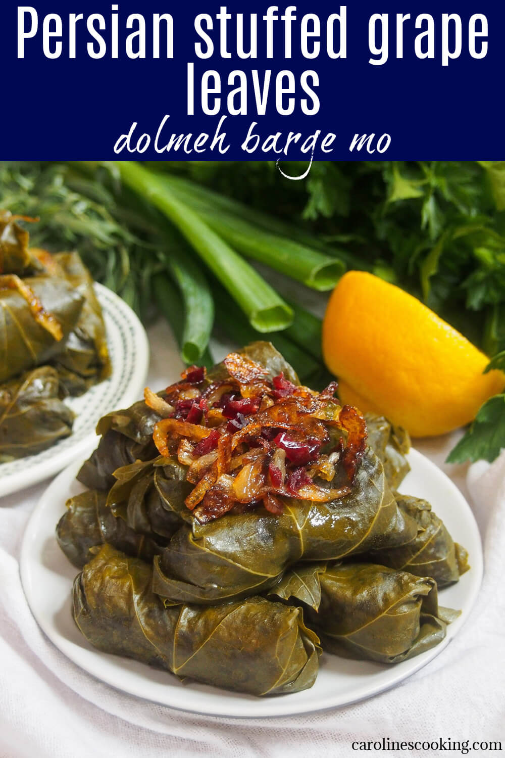 Dolmeh barge mo are the Persian version of stuffed grape leaves, with a delicious filling of rice, yellow split peas, herbs and meat. They make a great appetizer and work well with other small plates.