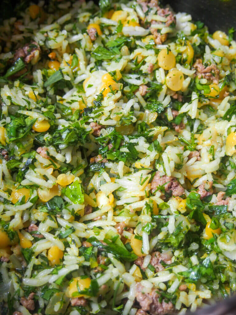 rice, split pea, herb and meat filling mixture