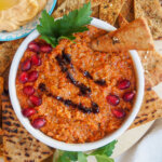 dish of muhammara from overhead
