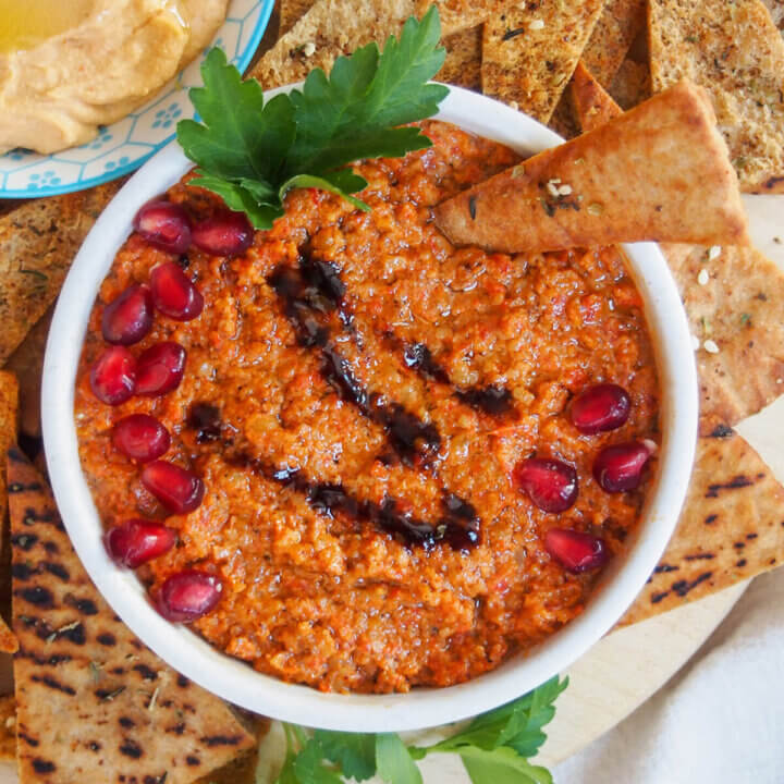 dish of muhammara from overhead