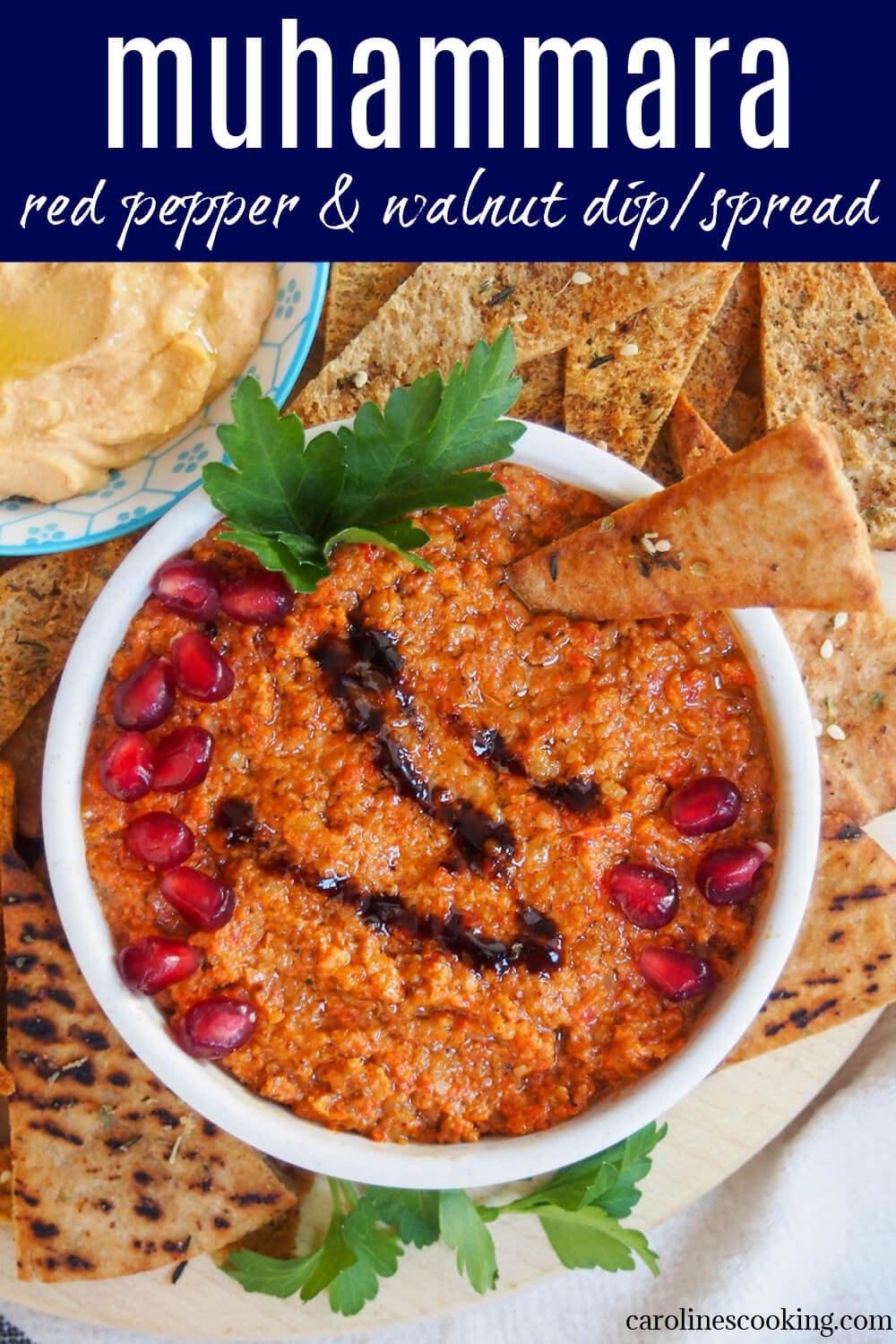 If you're new to muhammara, it's time to get familiar with this delicious red pepper and walnut dip/spread. Packed with flavor and versatile, it's also super easy to make in your food processor. You can use it as a dip, part of a mezze plate, in sandwiches or with grilled meats and veg and more. It's also vegan and easily made gluten free. #middleeasternfood #mezze #redpepperdip #vegetarian #vegan