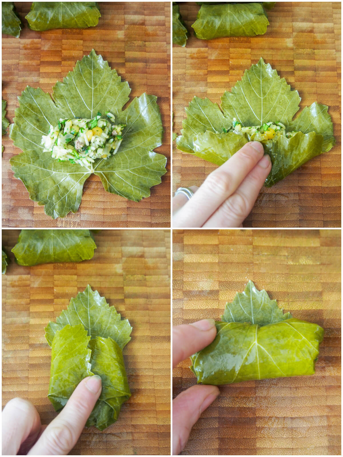 stages adding filling and rolling up Persian stuffed grape leaves