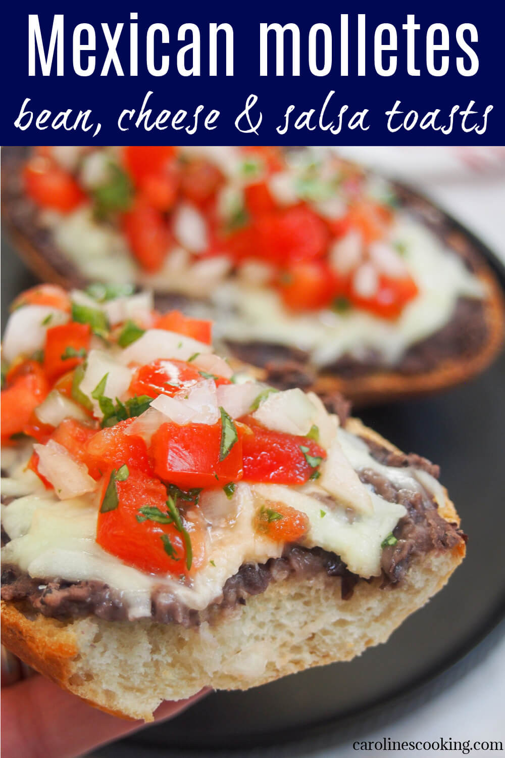 Breakfast (or any meal, to be honest) can hardly get more comforting than this easy and delicious Mexican creation. Molletes loads cheese, beans and salsa fresca (pico de gallo) on bread and is as tasty as it sounds. #mexicanbreakfast #vegetarianbreakfast 