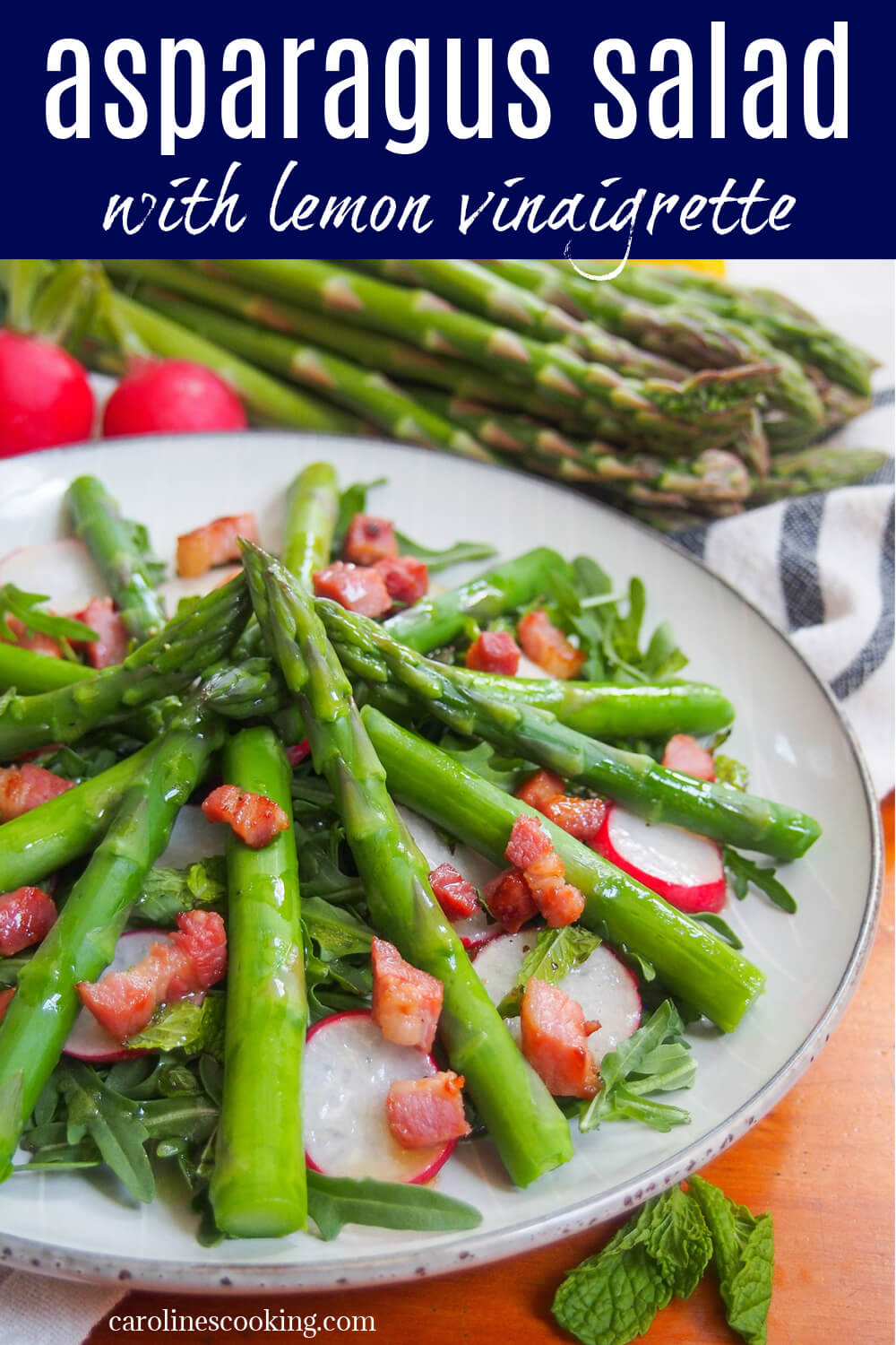 This easy asparagus salad is full of the tastes of spring, with asparagus, greens and radishes topped off with a bright lemon vinaigrette and crisp pancetta. It's perfect as a side or appetizer for a spring time meal. #asparagus #springsalad #eastersalad