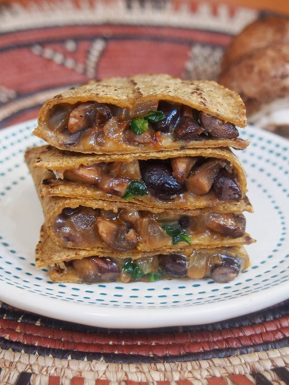 close view of stack of mushroom quesadillas