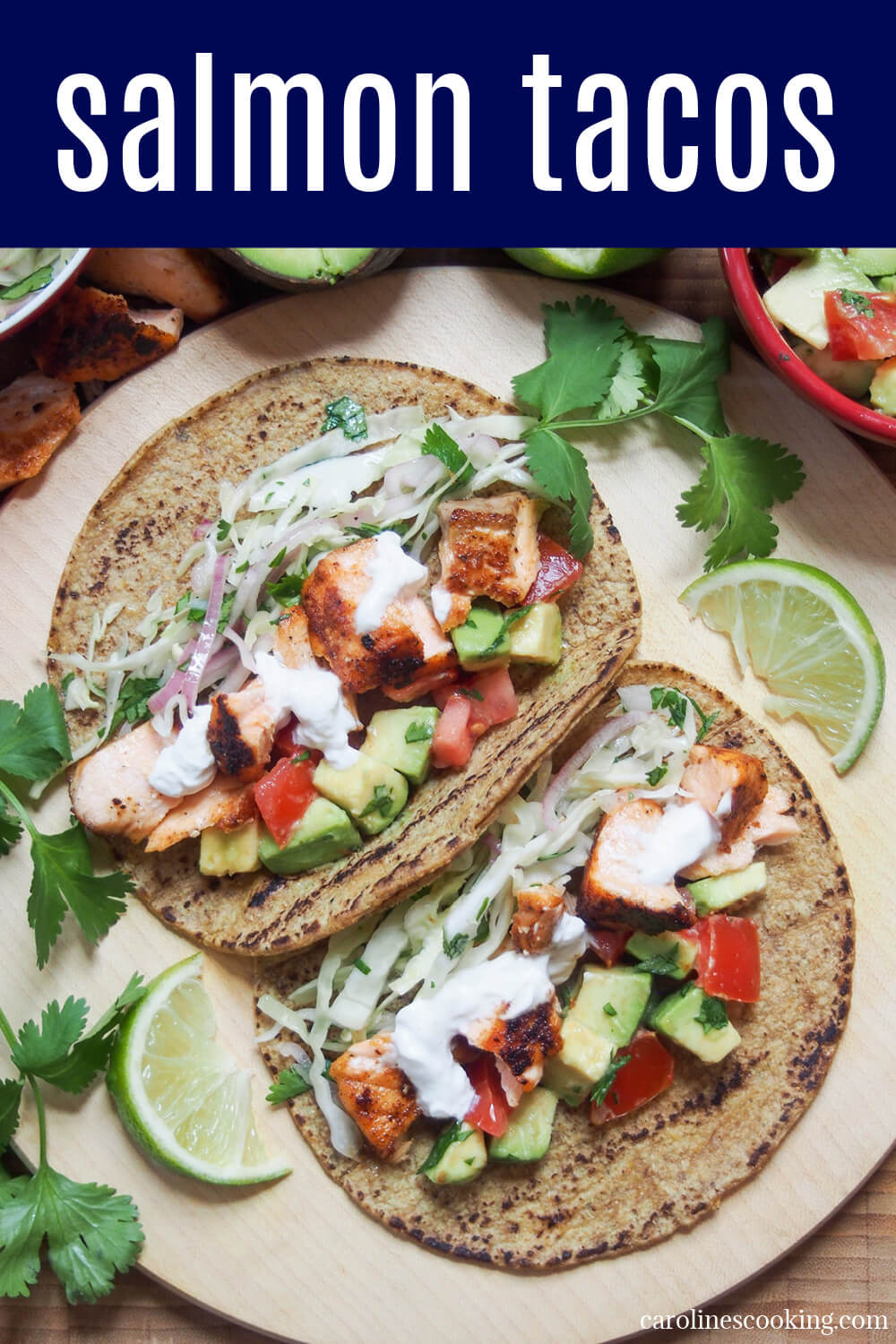 These salmon tacos are easy, healthy & delicious. Served with a simple cilantro cabbage slaw and avocado-tomato salsa, it's a tasty mix of flavors and textures. The salmon also has a simple rub on it for added flavor. Perfect for taco Tuesday or any excuse!