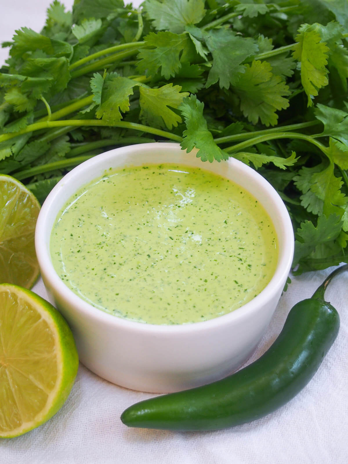 Aji verde, often called Peruvian green sauce elsewhere, is wonderfully easy and flavorful. It gets it's color from cilantro and has a little kick from aji amarillo, a popular Peruvian chili. Fresh, flavorful, and perfect over roast chicken and so much more. white dish of aji verde sauce with cilantro behind