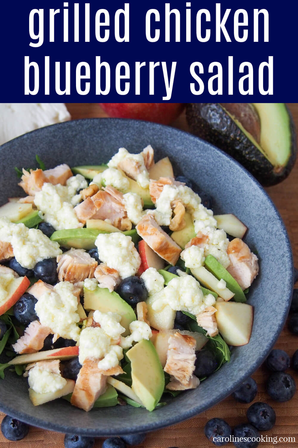 This grilled chicken and blueberry salad is healthy, easy to make & full of delicious flavors from the lemon-feta dressing to berries & nuts. It makes a wonderful lunch, and is also great to take to a potluck or picnic.
