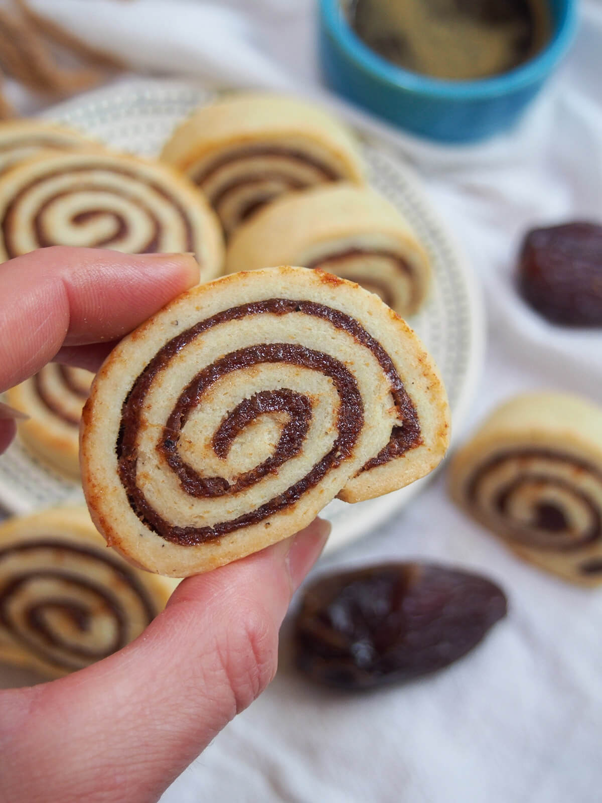holding an Iraqi date cookie in hand showing spiral date pattern