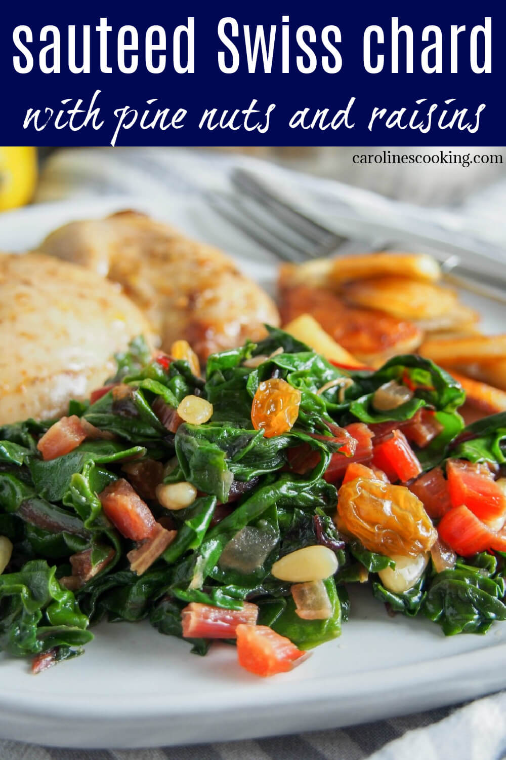 Whether you're a greens-sceptic or greens lover, this Catalan-inspired sauteed Swiss chard with raisins and pine nuts will win you over. It's an easy and delicious side dish, that's good for you too. Whether you're a greens-sceptic or greens lover, this Catalan-inspired sauteed Swiss chard with raisins and pine nuts will win you over. It's an easy and delicious side dish, that's good for you too.