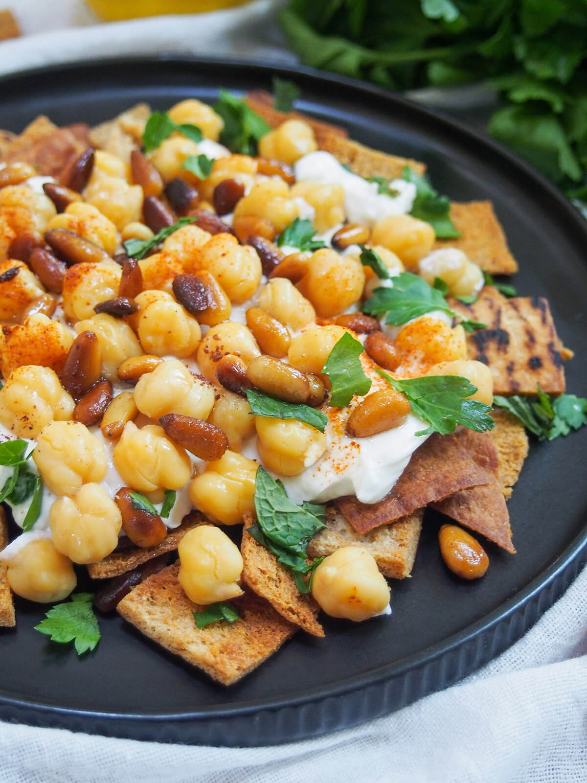side view of plate of chickpea fatteh