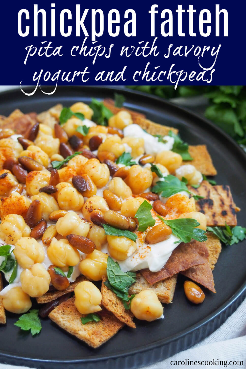 Chickpea fatteh is essentially a way to use up leftover pita, but really it's so much more. The simple combination of crisp pita chips, savory seasoned yogurt and chickpeas is a delicious mix of flavors and textures. Great as a snack or light meal (and traditionally breakfast!)