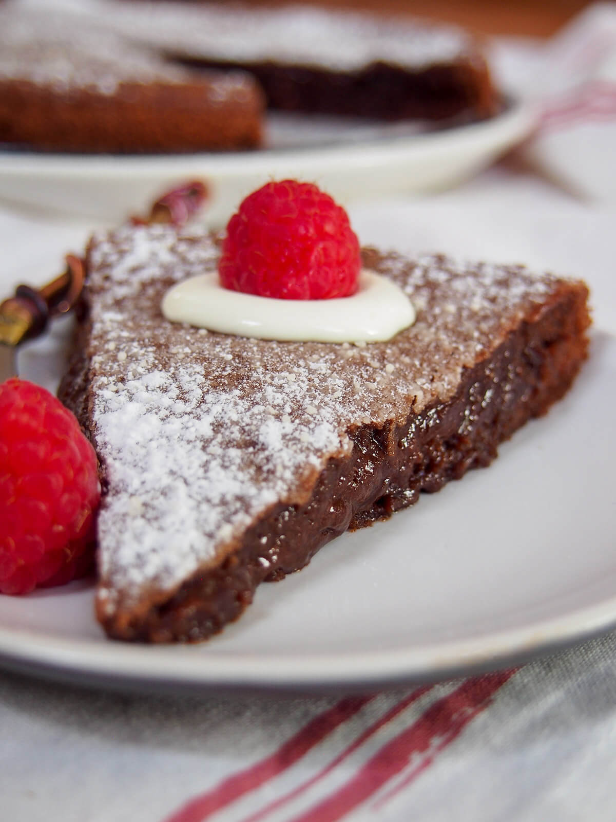 view of a slice of kladdkaka Swedish sticky chocolate cake from tip