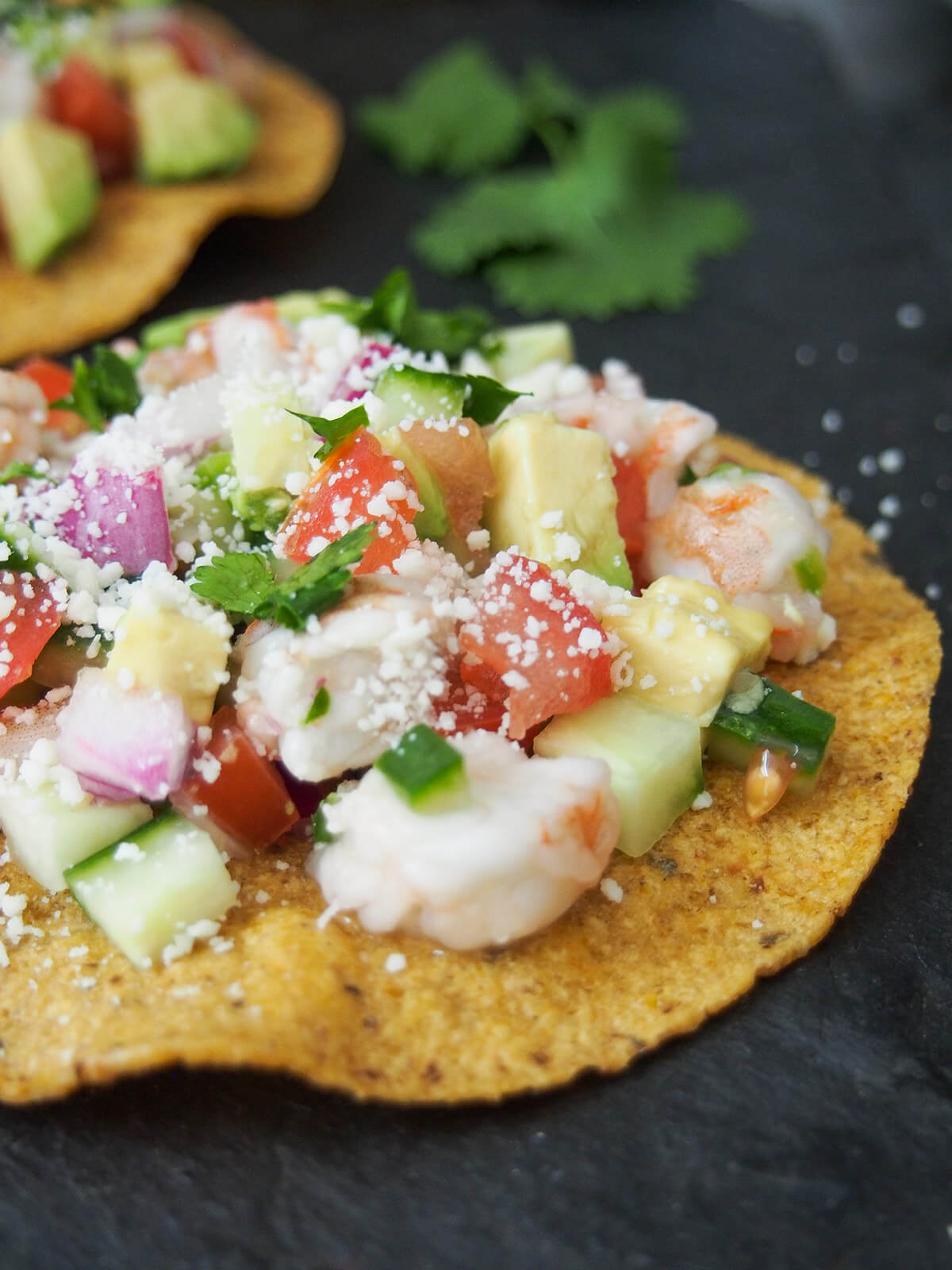 part view of a shrimp ceviche tostada