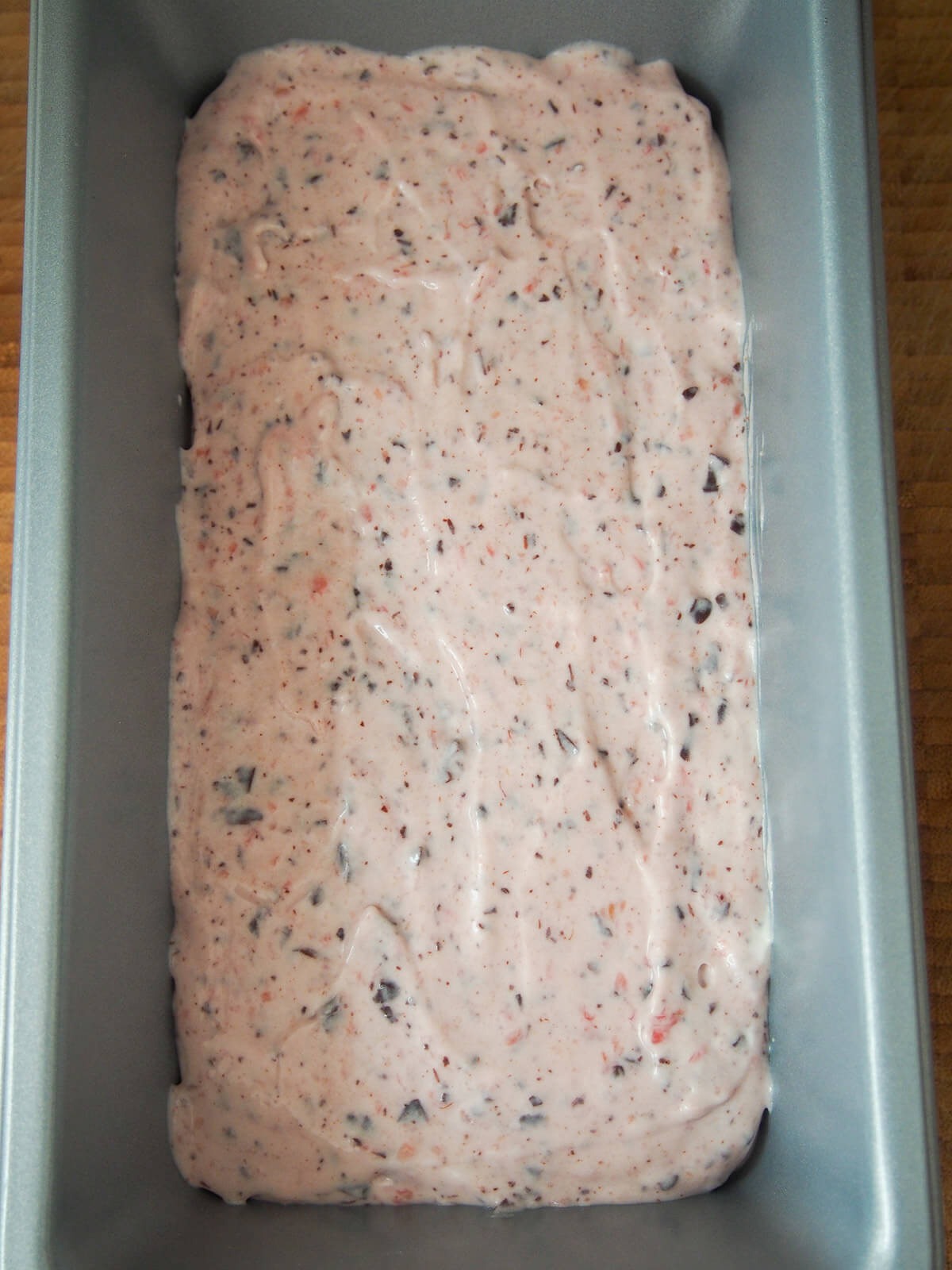 ice cream mixture in loaf tin before freezing