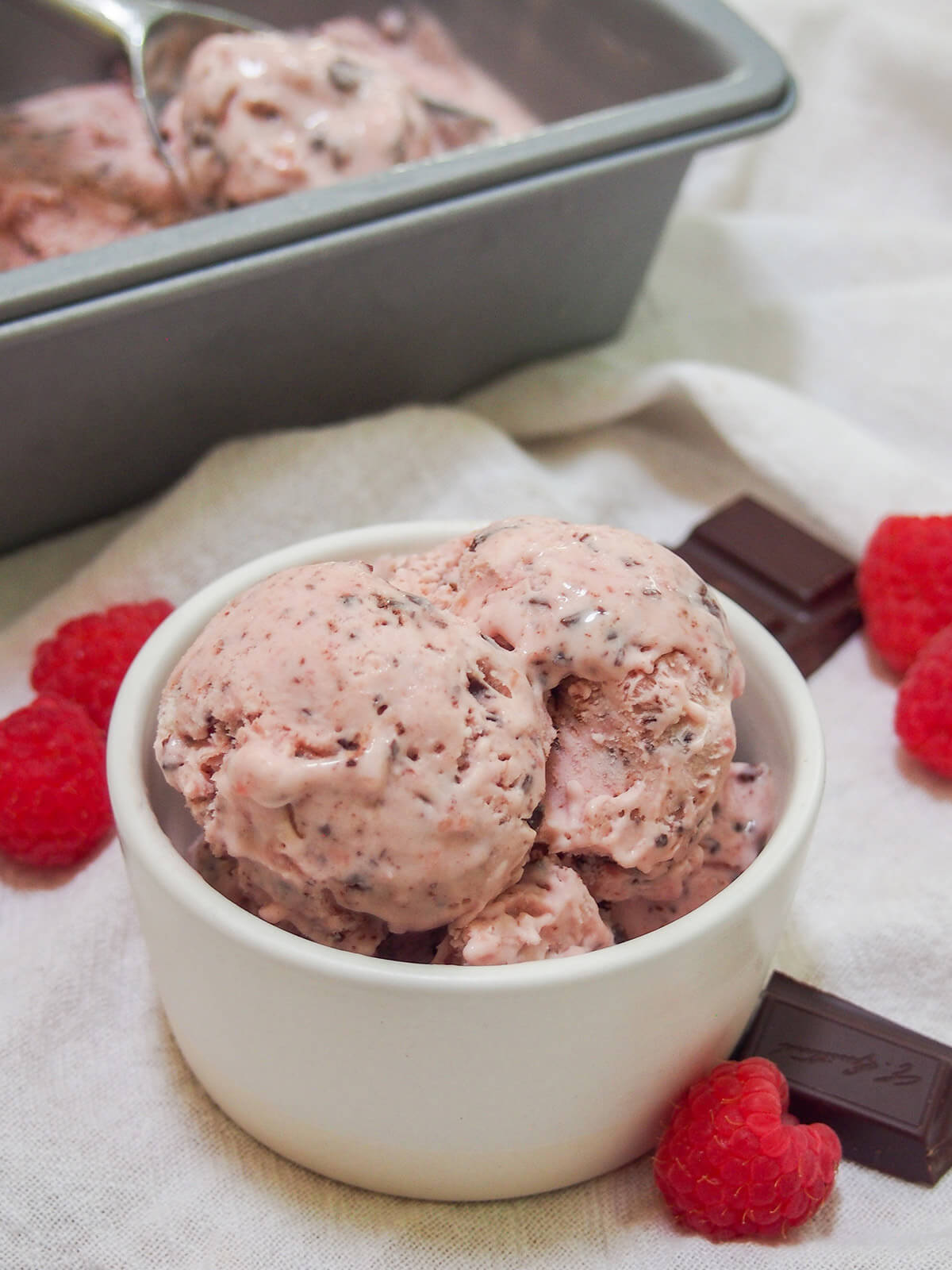 small bowl of no churn raspberry chocolate chip ice cream