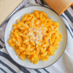 plate of butternut squash pasta sauce over pasta
