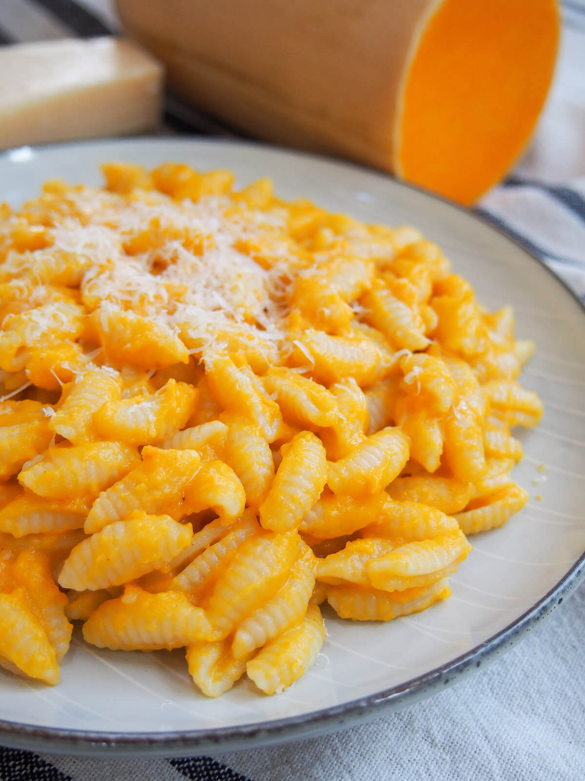 side view of plate of butternut squash pasta sauce over pasta