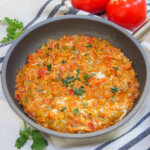skillet of menemen Turkish scrambled eggs