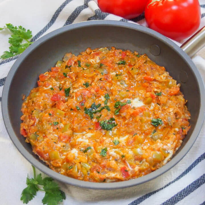 skillet of menemen Turkish scrambled eggs