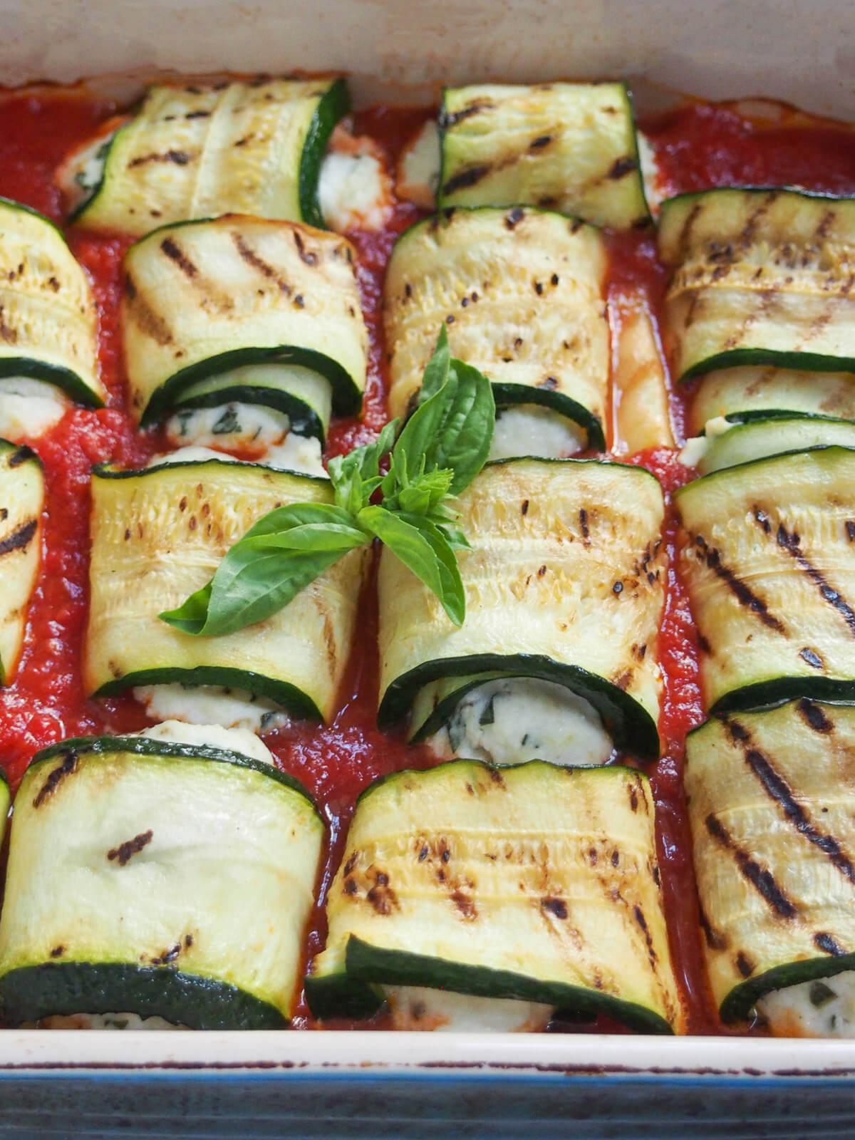 dish of zucchini involtini from the side