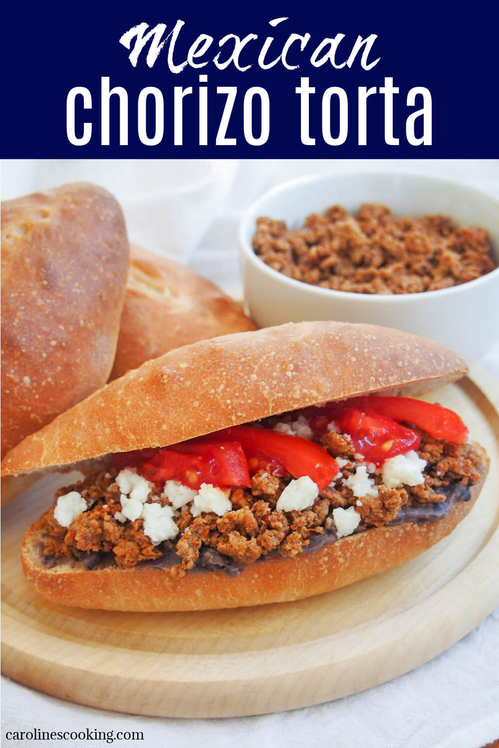 This chorizo torta is a delicious combination of smooth beans, flavorful pork chorizo and cheese, plus whatever else you have and want to add. This Mexican sandwich is easy to make, adaptable and perfect as a satisfying lunch or snack.
