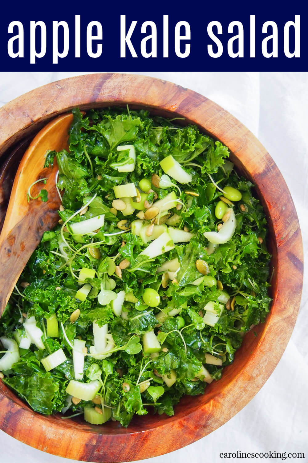 This apple kale salad is made with a wonderful range of greens, from apple and celery to edamame and seeds. They all come together to make a tasty, light salad with plenty of crunch that's great for lunch or as a side.