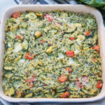 whole dish view of creamy chard pesto baked orzo