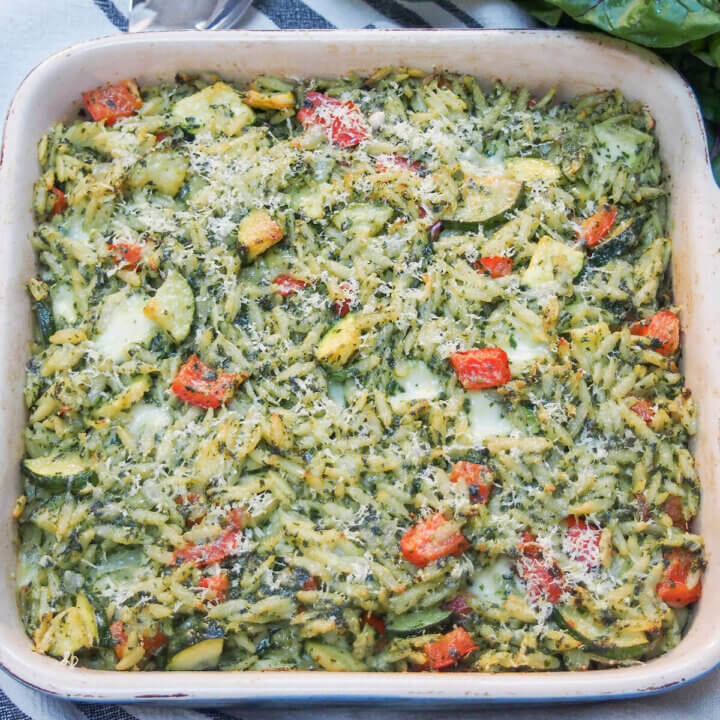 whole dish view of creamy chard pesto baked orzo