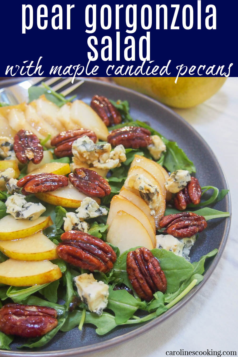 This pear gorgonzola salad is so easy to make and has a great mix of flavors. Plus don't skip the maple candied pecans that add a delicious crunch and sweetness. Great as a side, a light appetizer, or enjoy a bigger serving as a lunch. This pear gorgonzola salad is so easy to make and has a great mix of flavors. Plus don't skip the maple candied pecans that add a delicious crunch and sweetness. Great as a side, a light appetizer, or enjoy a bigger serving as a lunch.