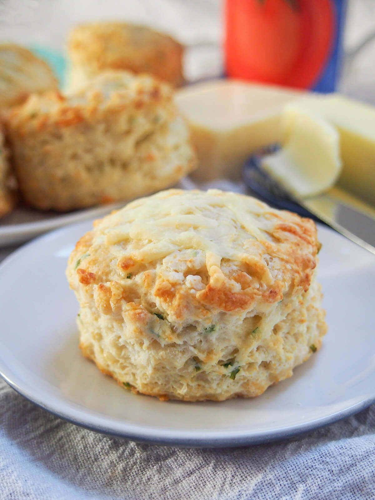 These savory cheese scones are easy to make, packed with cheese flavor yet surprisingly light. A delicious snack, side or base for a sandwich. cheese scone on plate with butter and other scones behind