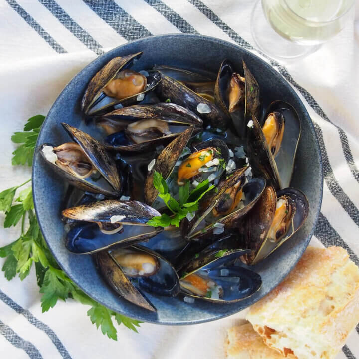 bowl of mussels in white wine form overhead