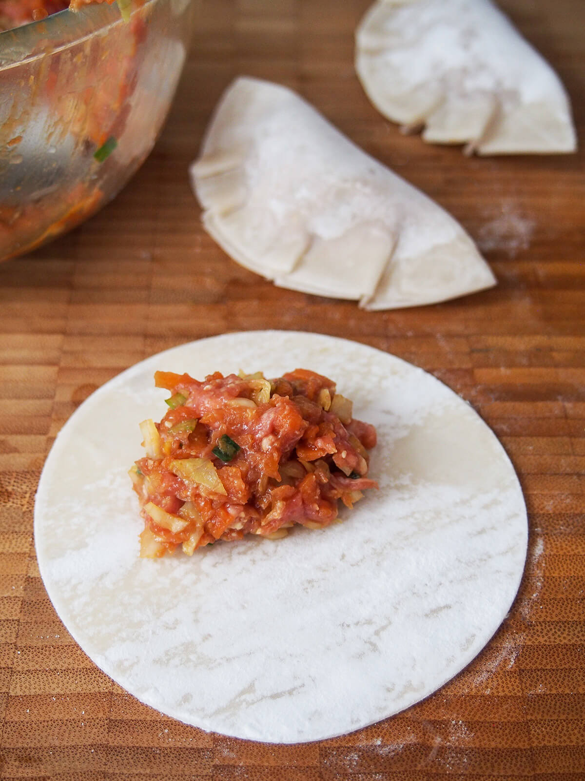 some lamb mixture on a dumpling wrapper