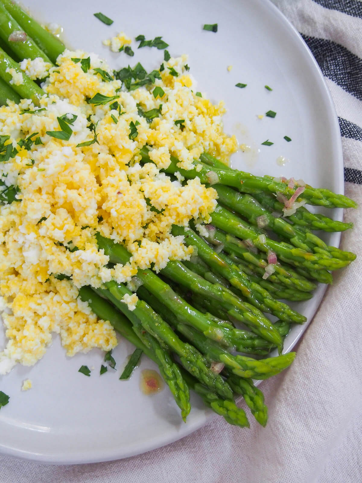 overhead view of asparagus mimosa