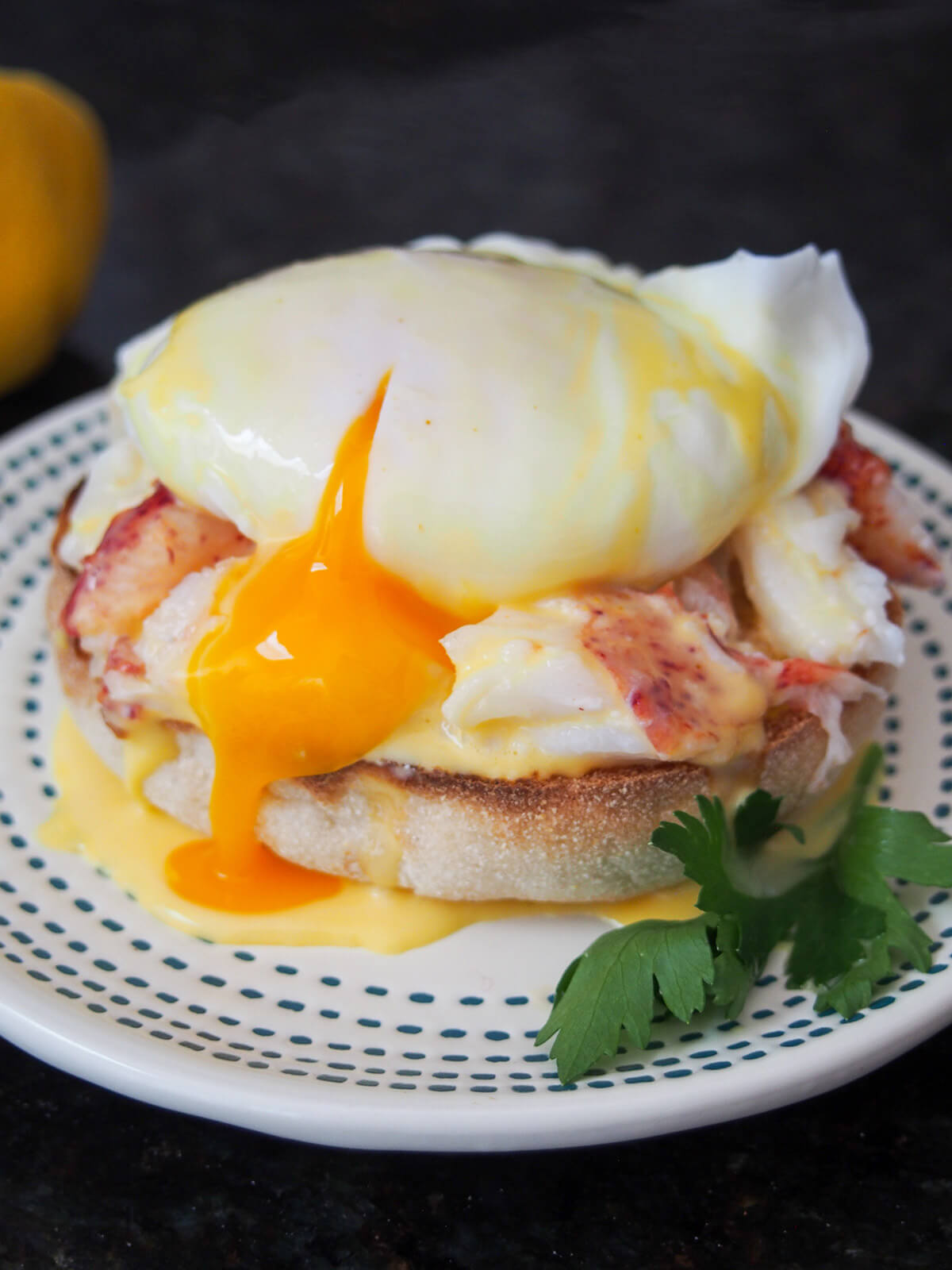 lobster eggs Benedict with yolk cut and running slightly