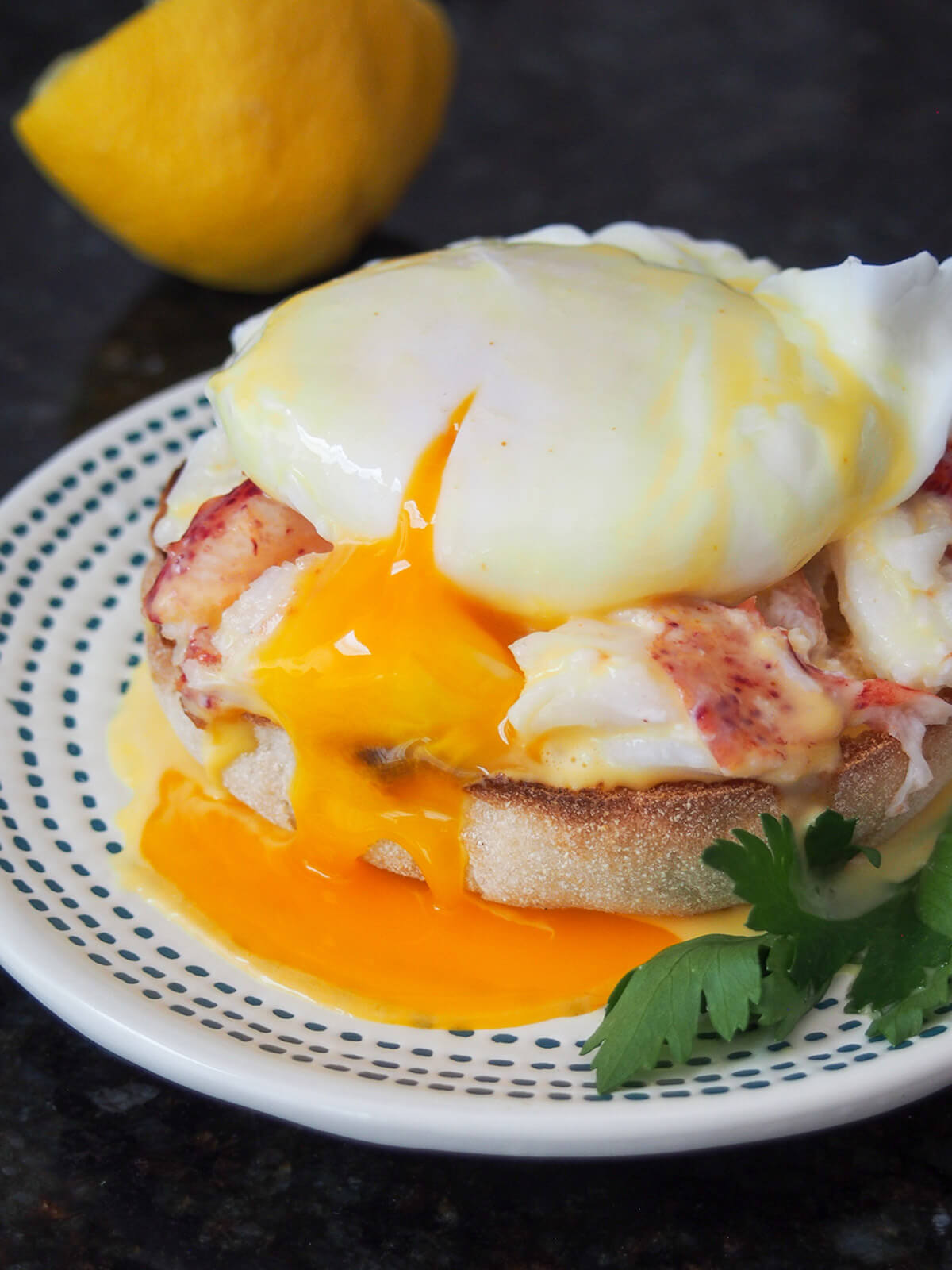 close side view of lobster eggs Benedict