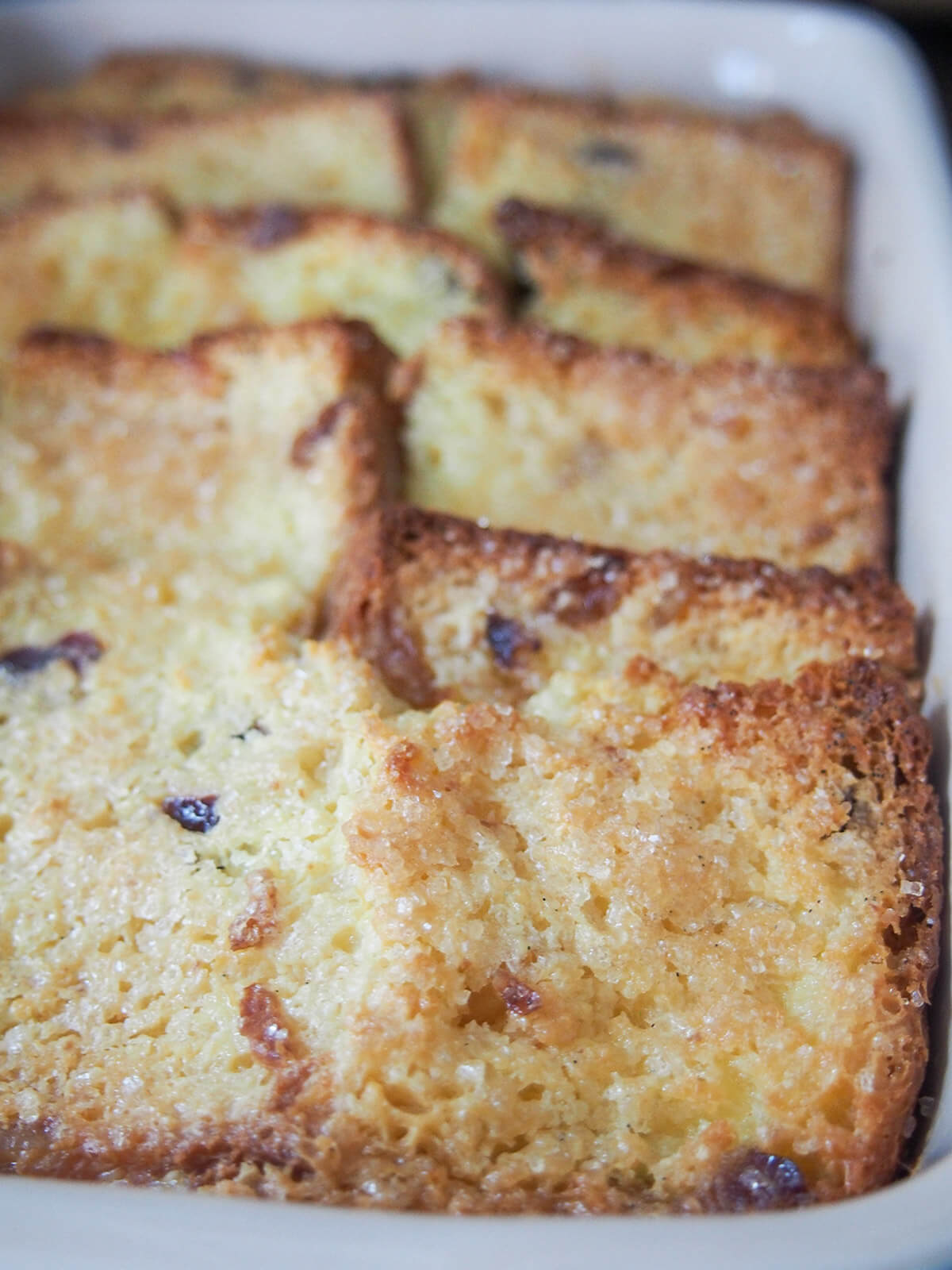 close up side view of panettone bread and butter pudding