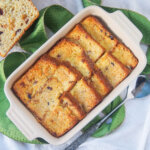 overhead view of dish of panettone bread and butter pudding