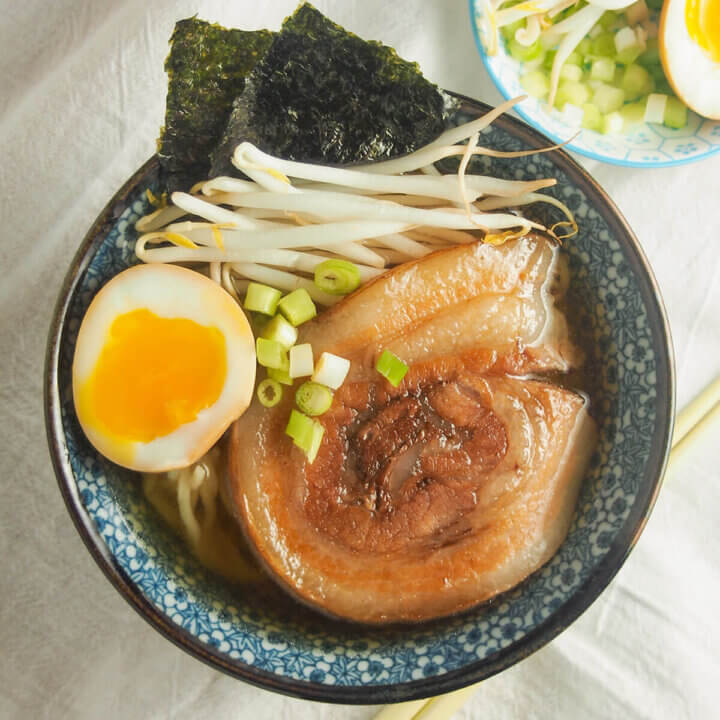 overhead view of bowl of chashu pork ramen