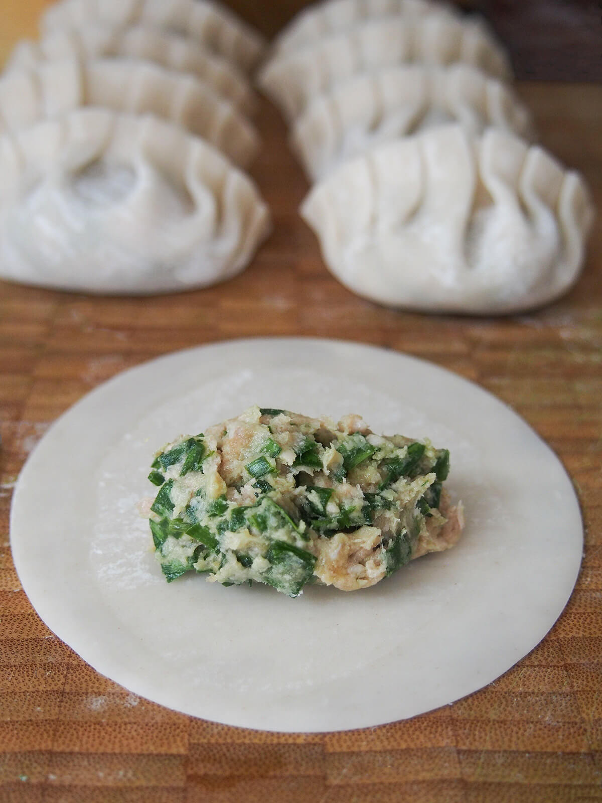 filling on dumpling wrapper making pork and chive dumplings pork chive filling on top of dumpling wrapper with formed dumplings in background