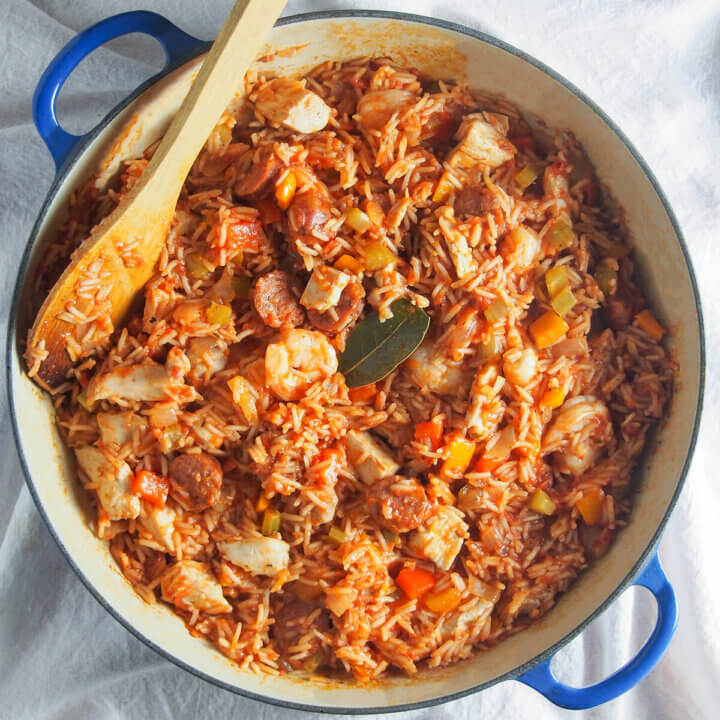 pot of Creole jambalaya from overhead