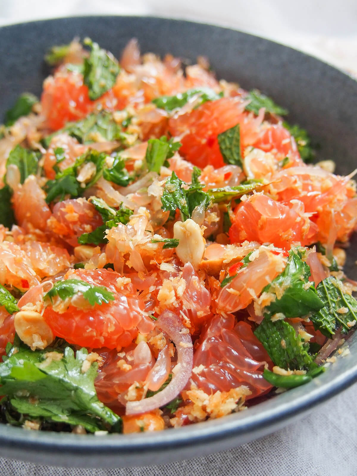 side view of bowl of Thai pomelo salad