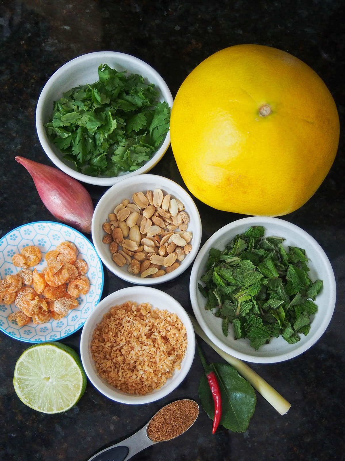 whole pomelo, shallot and dishes with peanuts, dried shrimp, cilantro, mint and toasted coconut