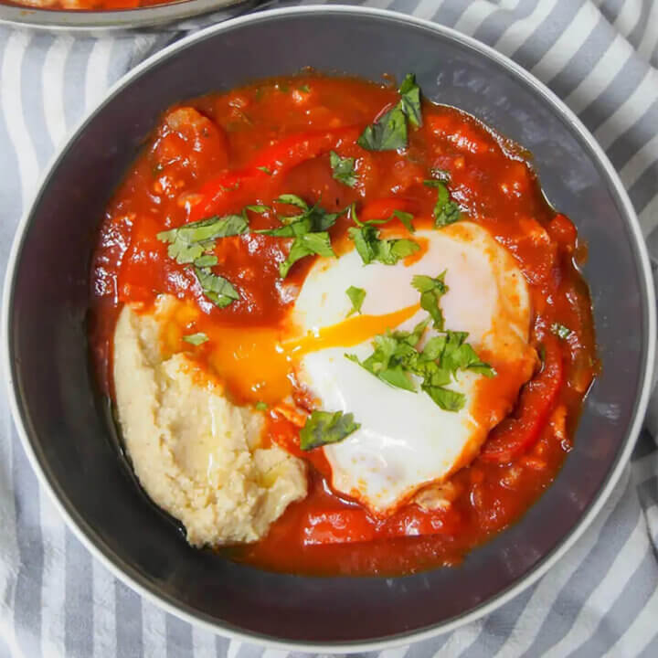 bowl of shakshuka hummus from overhead