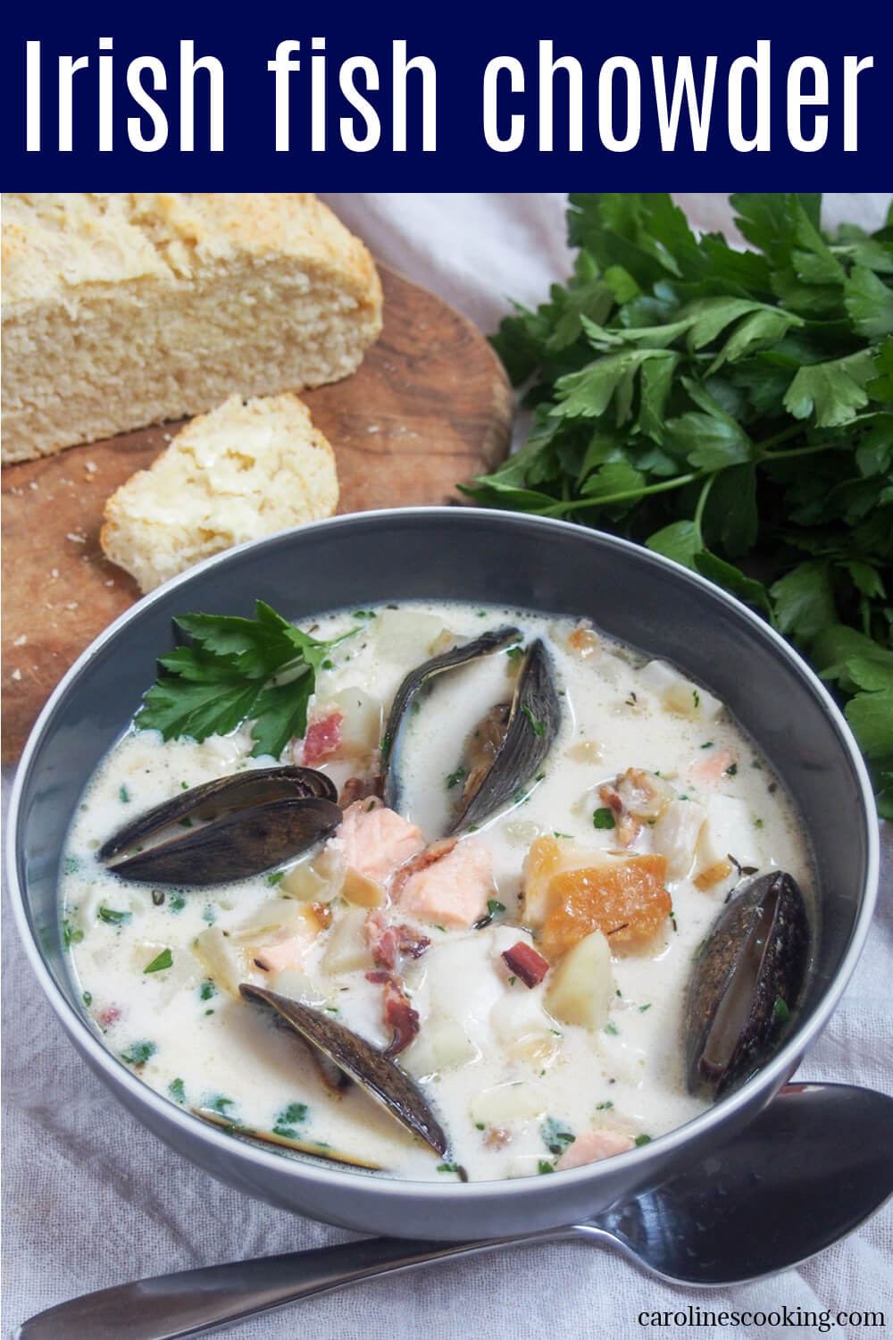 Irish fish chowder (or seafood chowder) is a delicious mix of smoked and fresh fish, mussels, bacon and potatoes in a light, gently creamy broth. It's full of flavor, easy to make and perfect for lunch. 