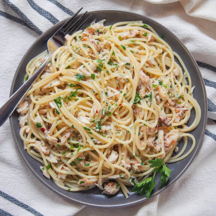 plate of crab pasta from overhead