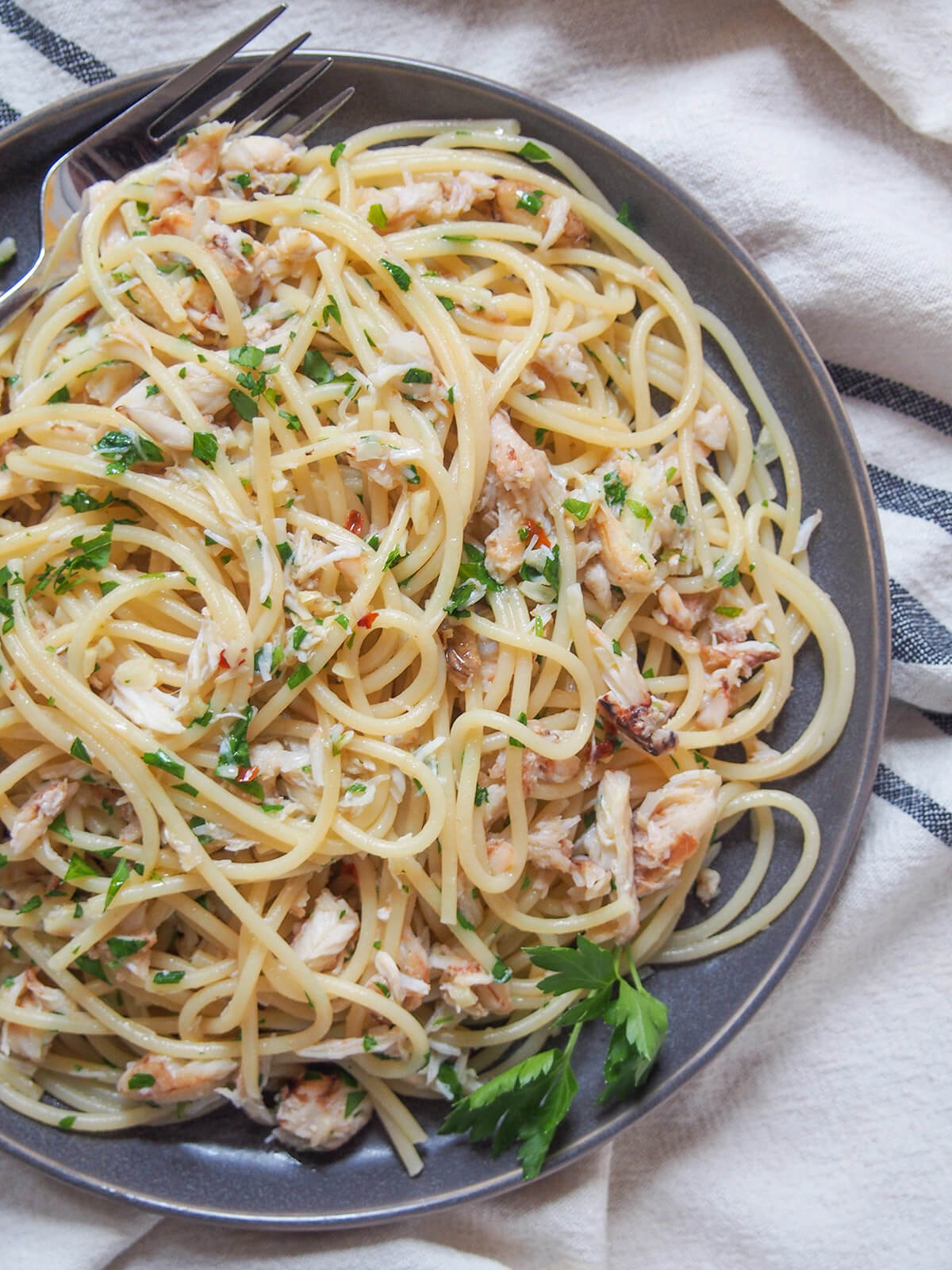 part view of plate of crab pasta from overhead