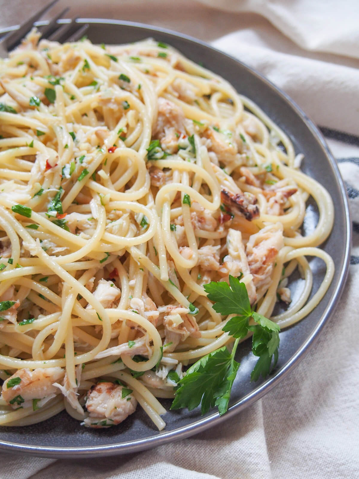 side view close up of crab pasta