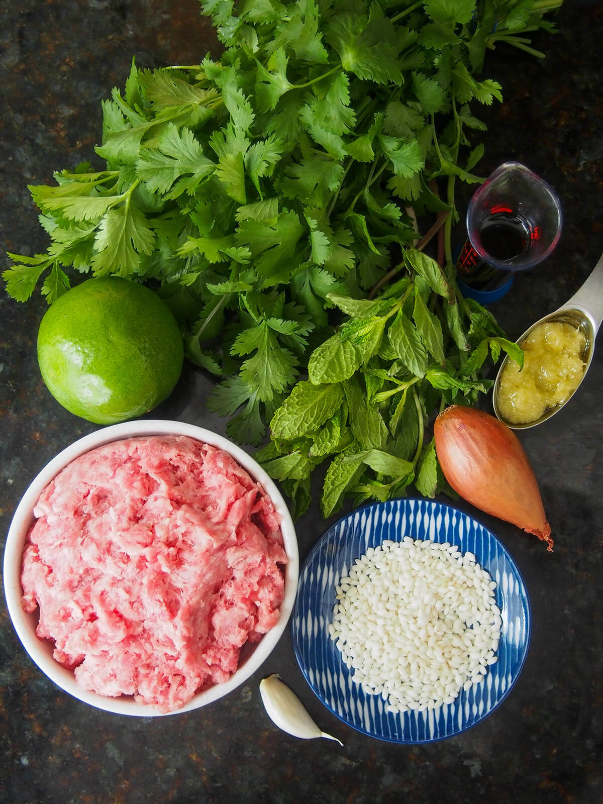 bowl of ground pork, plate with glutinous rice and shallot, lime and herbs above